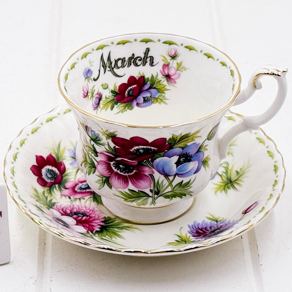 Royal Albert Flower of the Month March — Anemones Teacup & Saucer, Vintage Bone China, Made in England