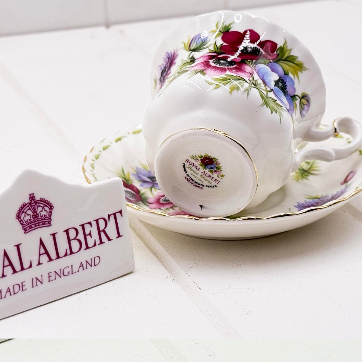 Royal Albert Flower of the Month March — Anemones Teacup & Saucer, Vintage Bone China, Made in England