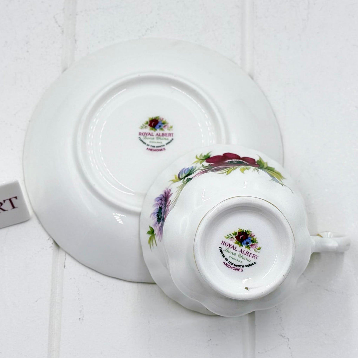 Royal Albert Flower of the Month March Anemones teacup and saucer backstamp, made in England