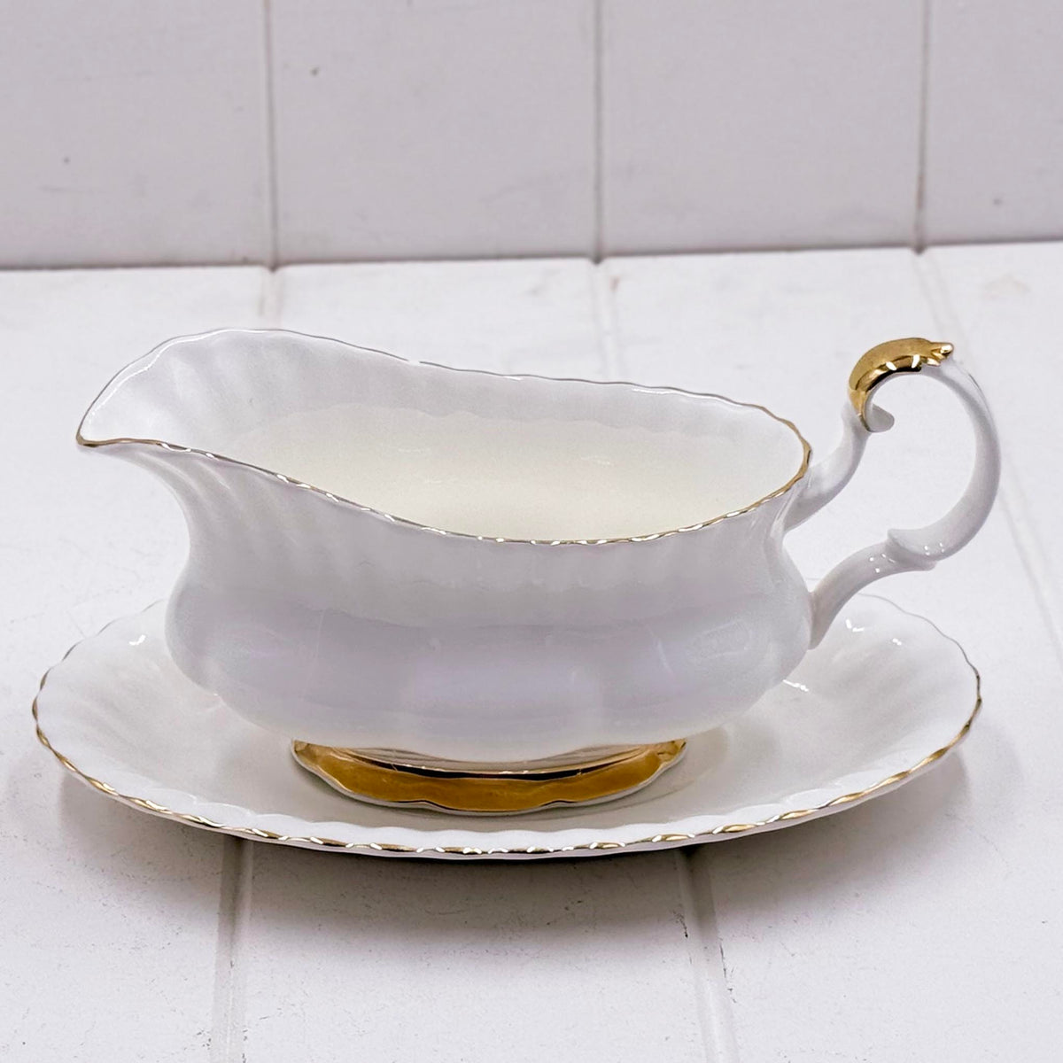 Royal Albert Val D’Or Gravy Boat & Stand — Second Quality, Vintage Bone China, Made in England