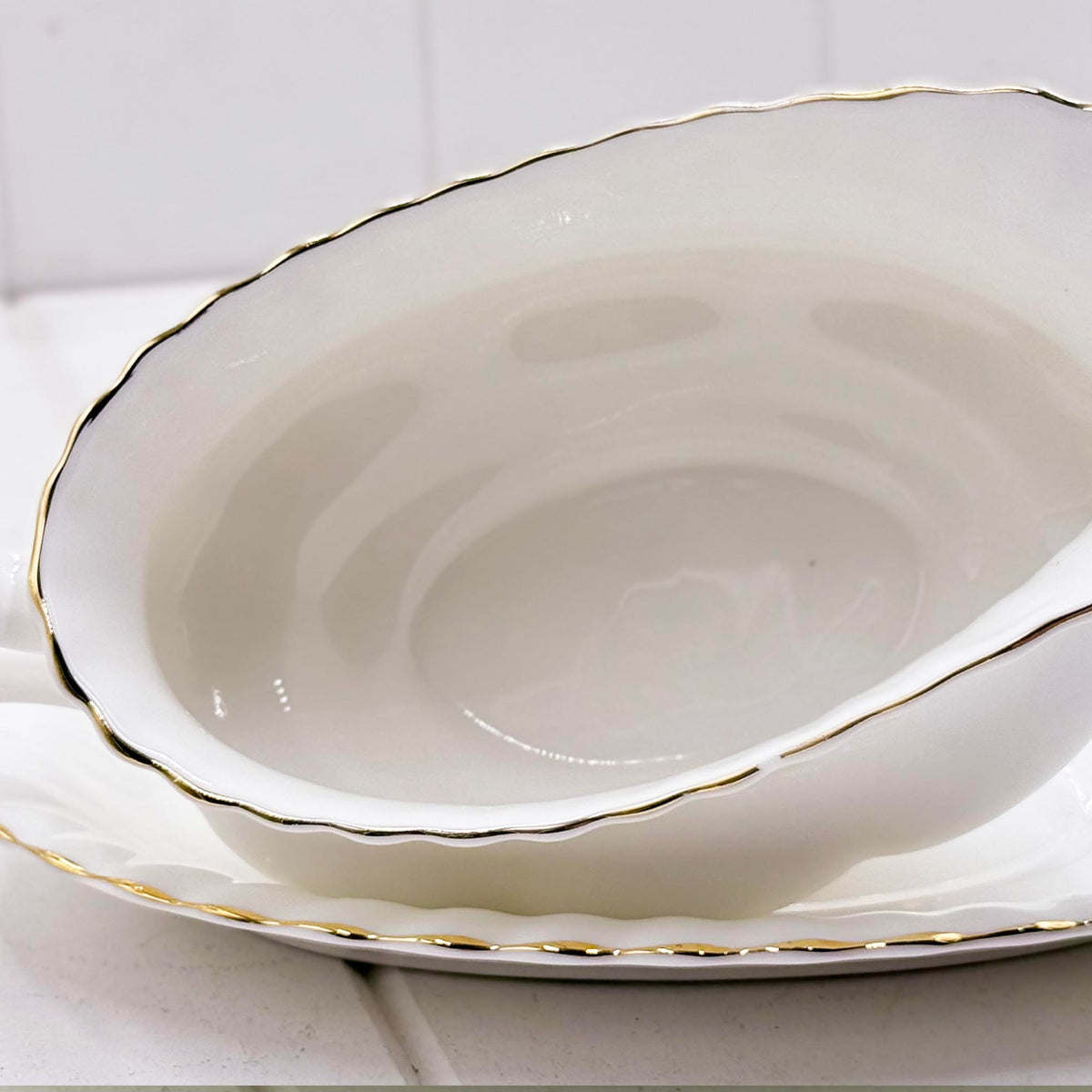 Royal Albert Val D’Or Gravy Boat & Stand — Second Quality, Vintage Bone China, Made in England