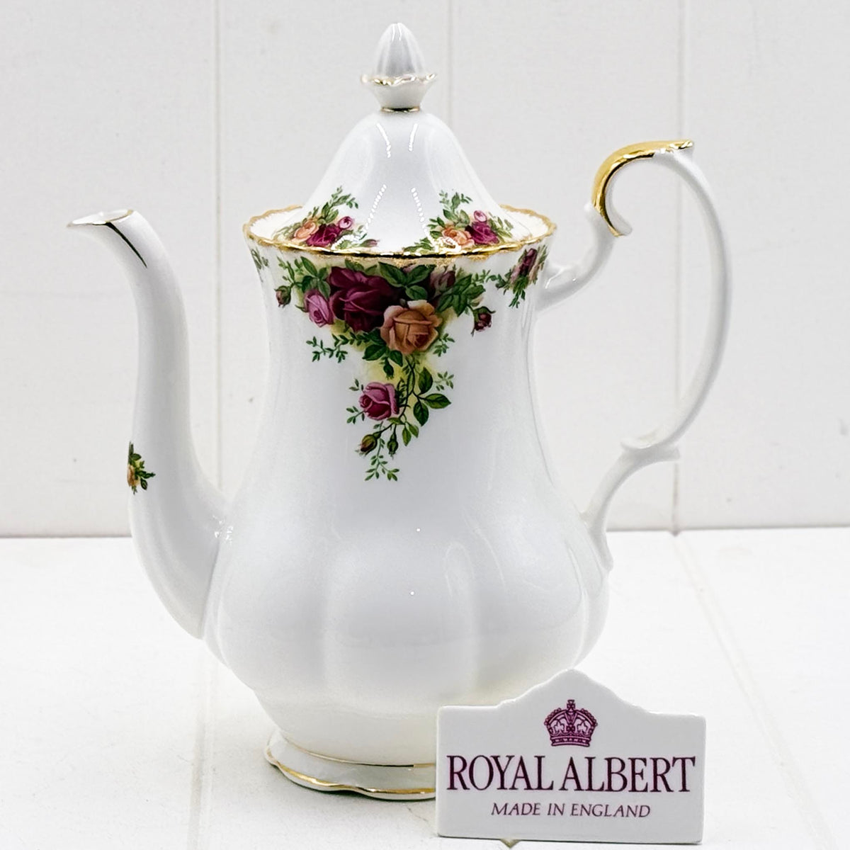 Royal Albert Old Country Roses large coffee pot 26cm, white bone china with crimson pink and peach roses and gold gilding, made in England