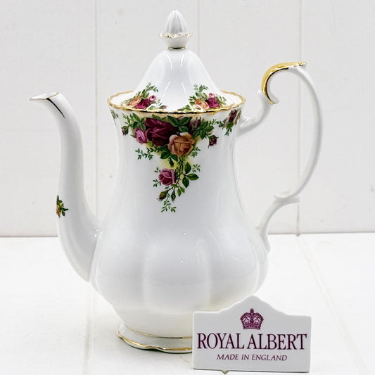 Royal Albert Old Country Roses large coffee pot 26cm, white bone china with crimson pink and peach roses and gold gilding, made in England