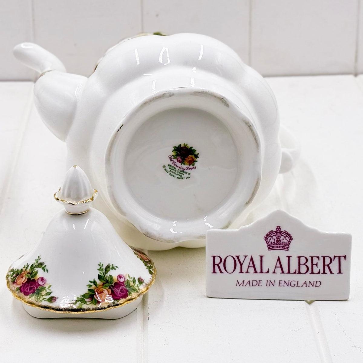 Royal Albert Old Country Roses coffee pot base showing backstamp, Old Country Roses Royal Albert Made in England copyright 1962 Royal Albert Ltd