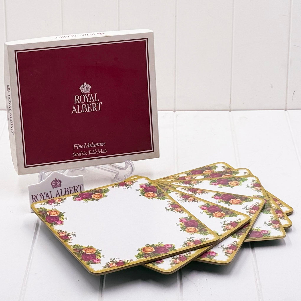 Royal Albert Old Country Roses fine melamine table mats set of 6, in original box, Old Country Roses floral border with gold trim