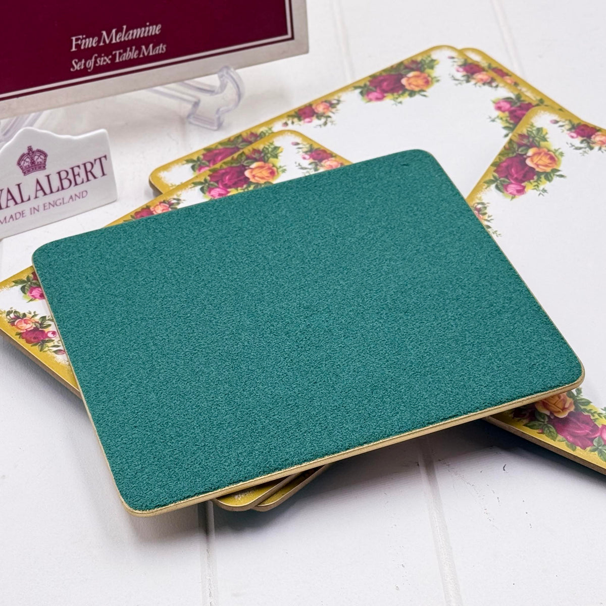 Royal Albert Old Country Roses table mat reverse showing green felt backing, made in England