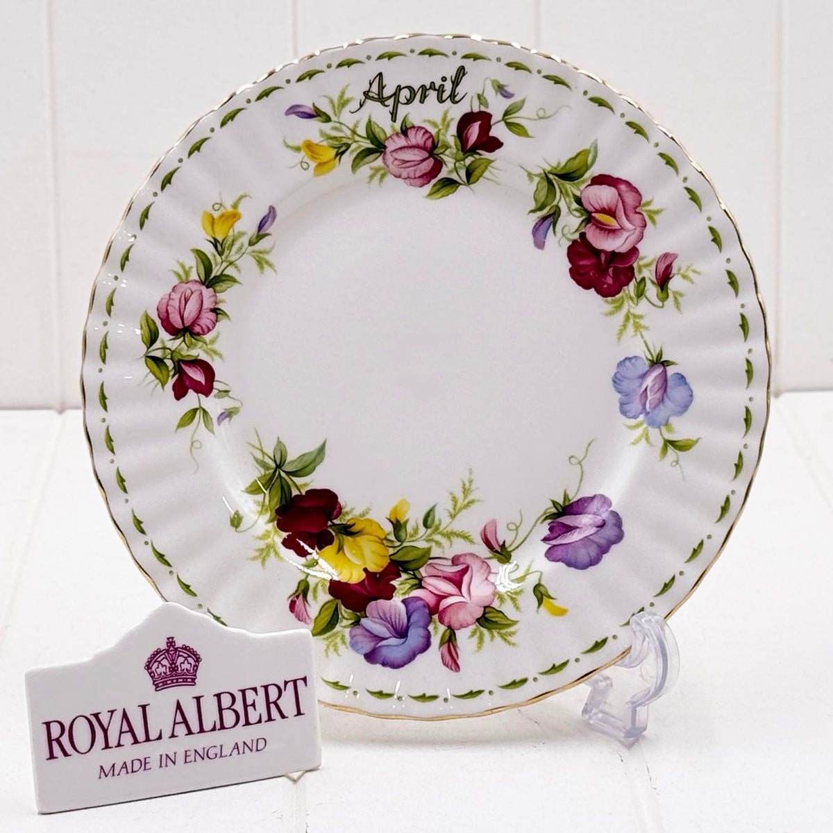 Royal Albert Flower of the Month April Sweet Pea dessert plate backstamp, made in England