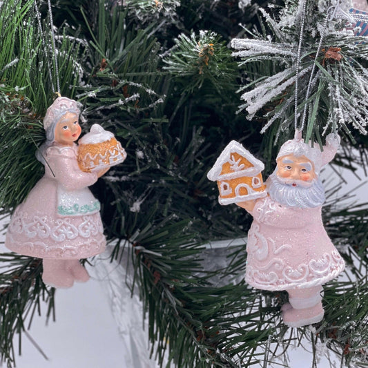 Gingerbread Pink Hanging Mr & Mrs Claus.