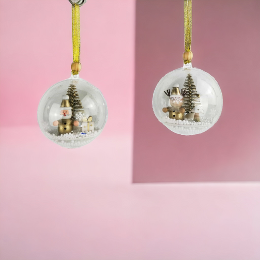 Santa & Reindeer in Bauble Hanging Decoration White & Gold (Set of 2).