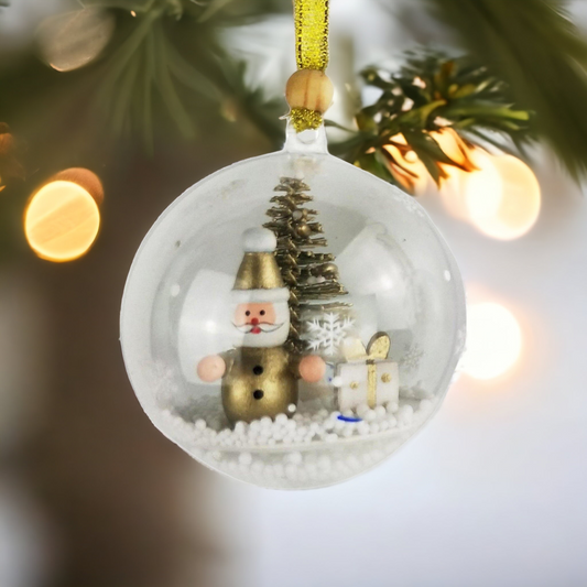 Santa & Reindeer in Bauble Hanging Decoration White & Gold (Set of 2).