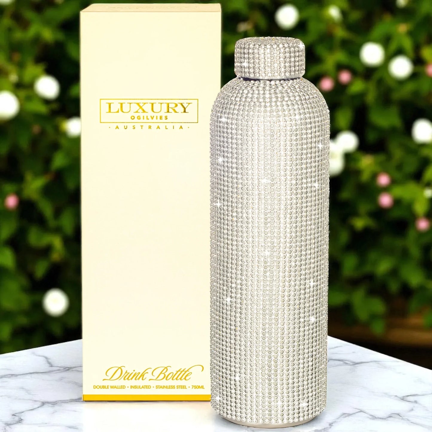 Diamonte Drink Bottle Silver - 750ml Double Wall Stainless Steel Sparkle