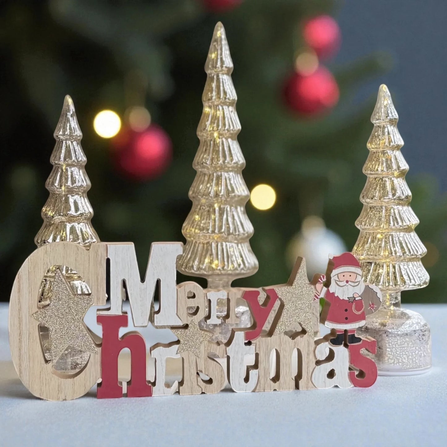Santa/Christmas Sign Wood 37x15cm Red/Natural