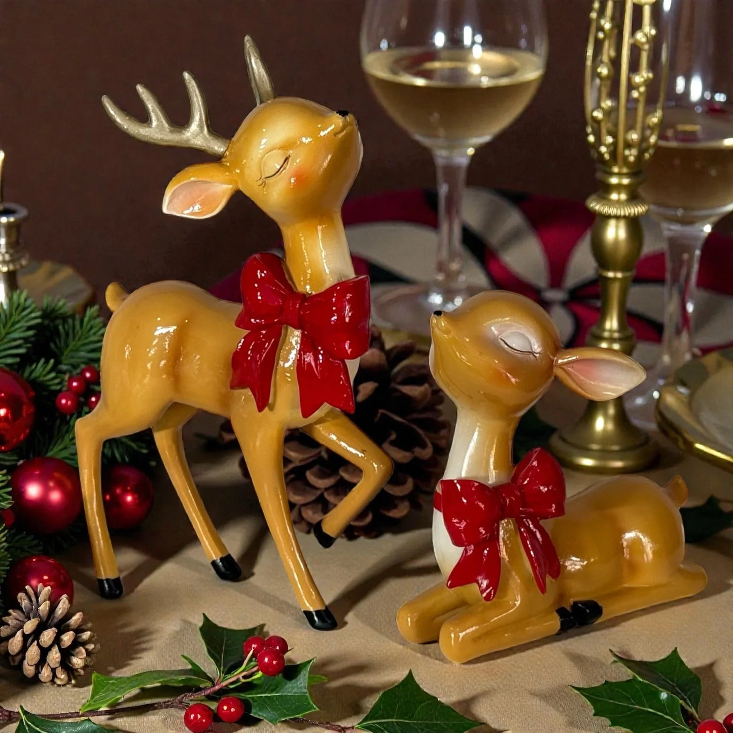 Sitting Retro Reindeer With Bow  - 19cm