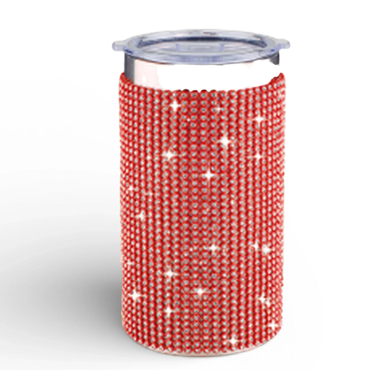 Red rhinestone-embellished tumbler sleeve with clear lid, sparkling home décor accessory