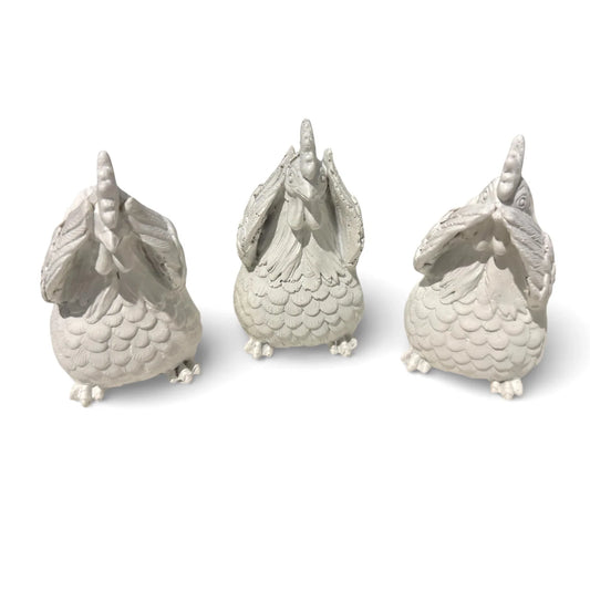 Hear, See, Say No Evil White Hens