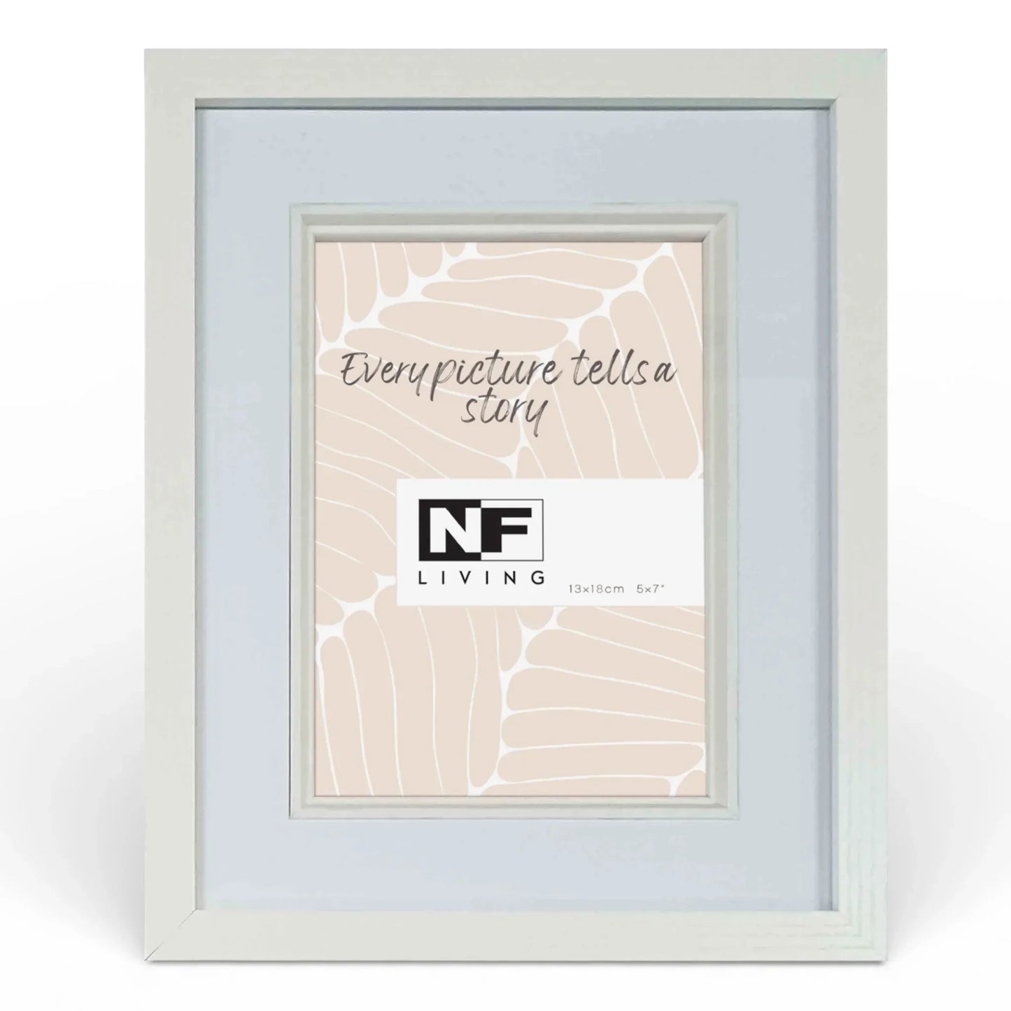 White wooden photo frame 5x7 inch for home decor, displays 'Every picture tells a story' with NF Living logo