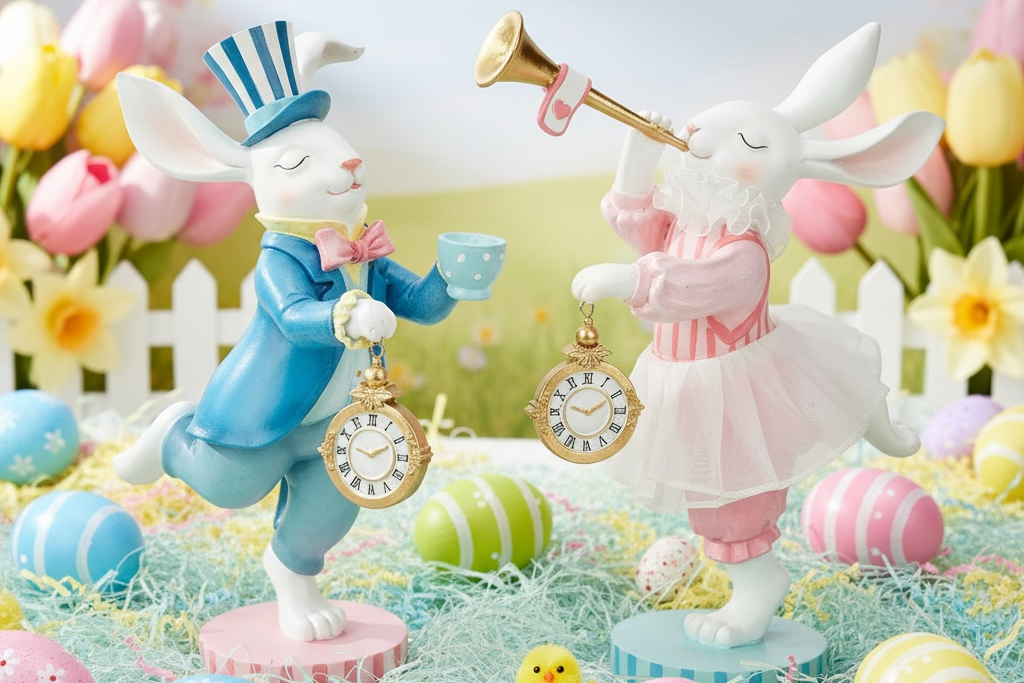 Easter bunny figurines with pocket watches, pastel eggs, tulips, and spring décor