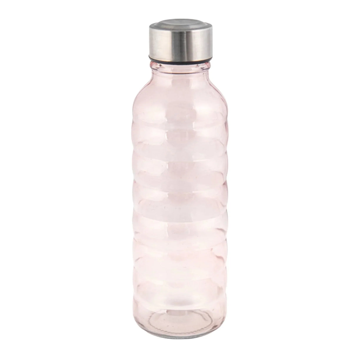 Pink textured glass water bottle with stainless steel lid, modern home décor accessory