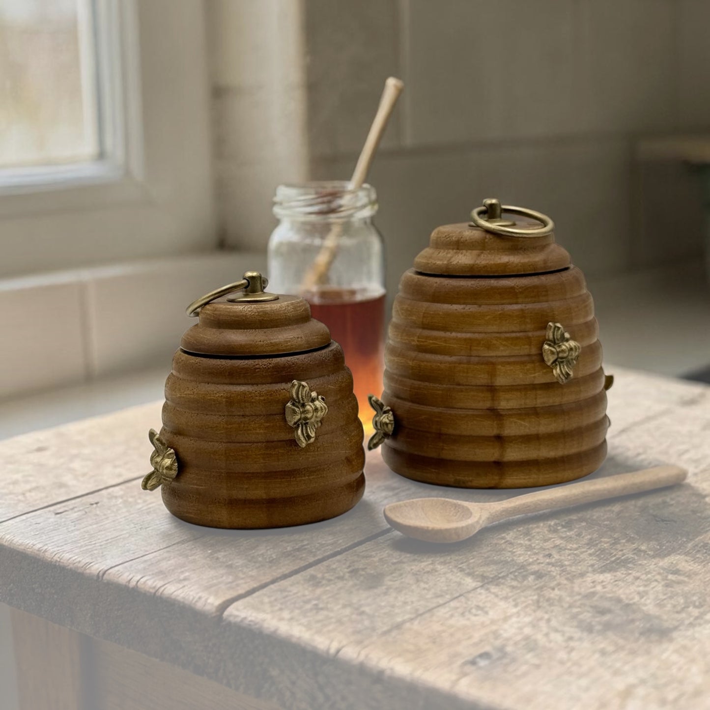 Large Timber Beehive Honey Pot