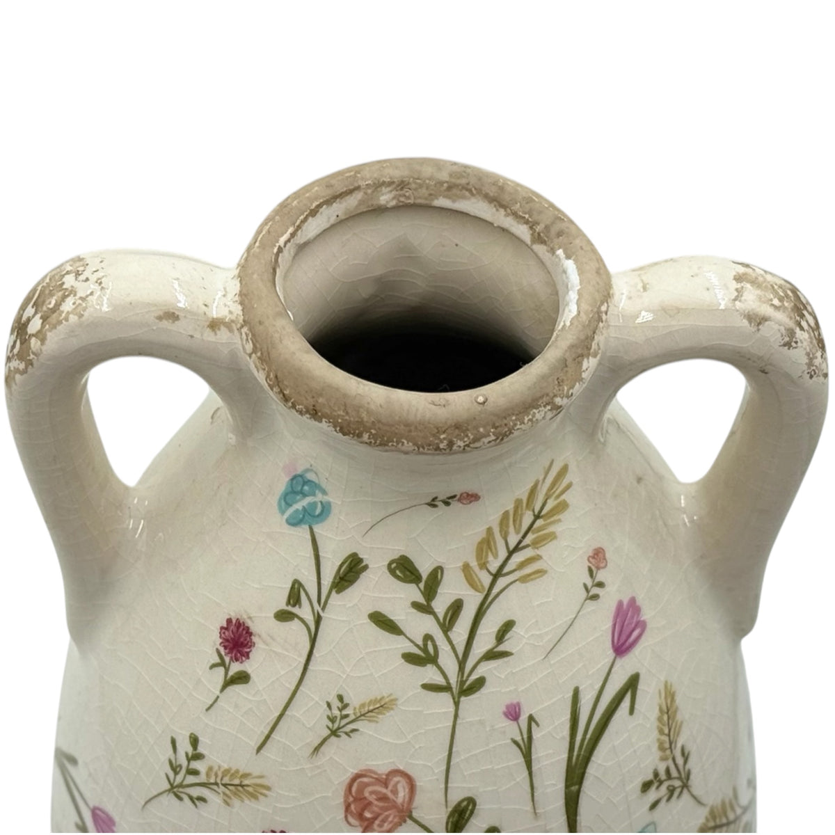 Wildflower Ceramic Amphora Vase — Twin Handle, Crackle Glaze, Pastel Floral, 39.5cm