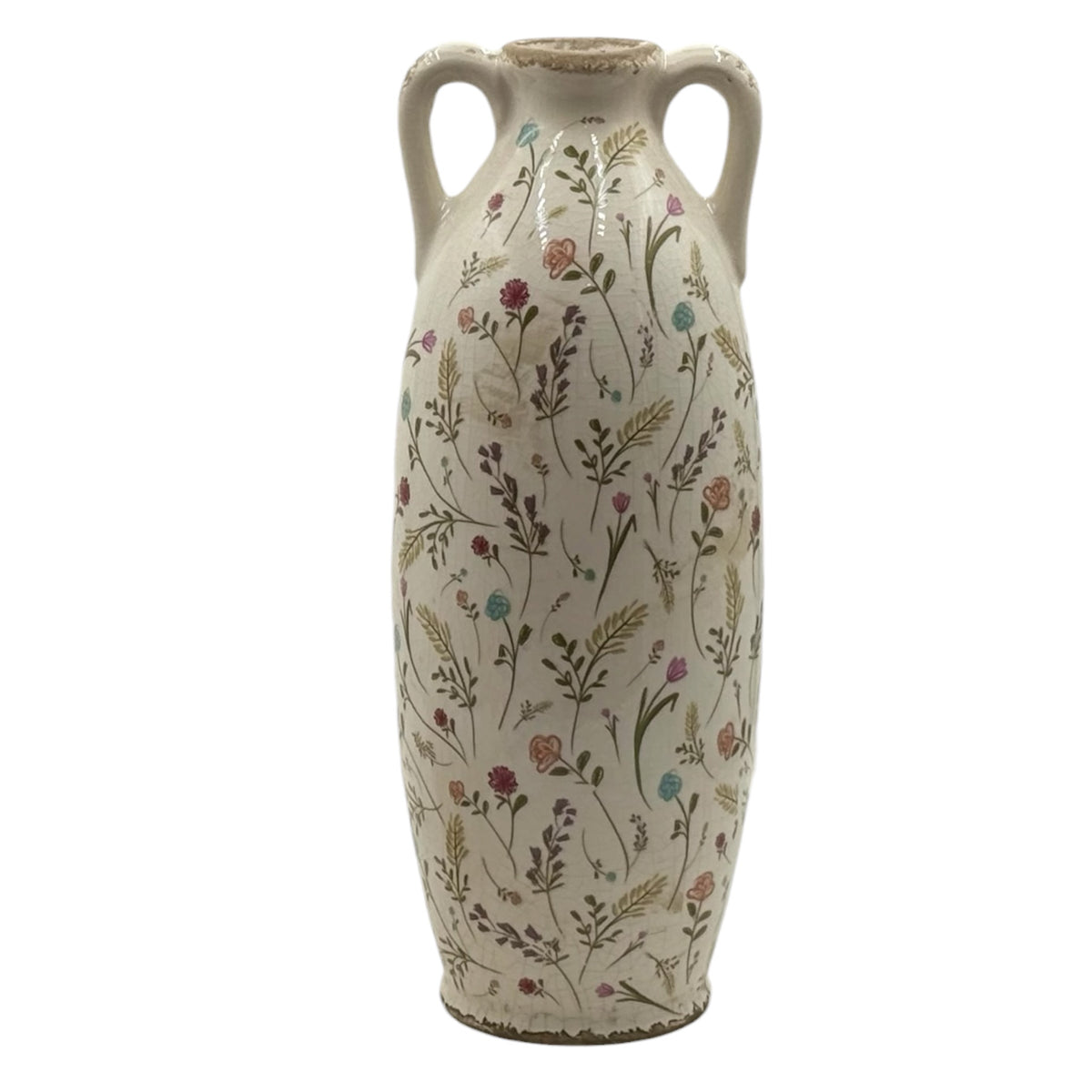 Wildflower ceramic amphora vase with twin handles, crackle glaze finish and scattered pastel wildflower pattern, 39.5cm tall
