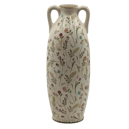 Wildflower ceramic amphora vase with twin handles, crackle glaze finish and scattered pastel wildflower pattern, 39.5cm tall