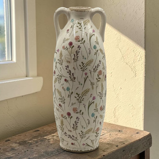 Wildflower Ceramic Amphora Vase — Twin Handle, Crackle Glaze, Pastel Floral, 39.5cm