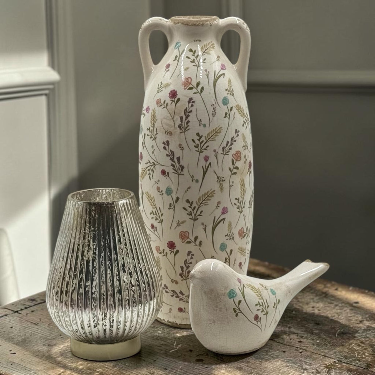 Wildflower Ceramic Amphora Vase — Twin Handle, Crackle Glaze, Pastel Floral, 39.5cm