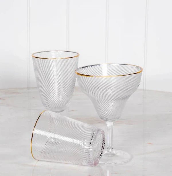 Acrylic Wine Glass Clear Stripe With Gold Rim - Exquisite Homewares
