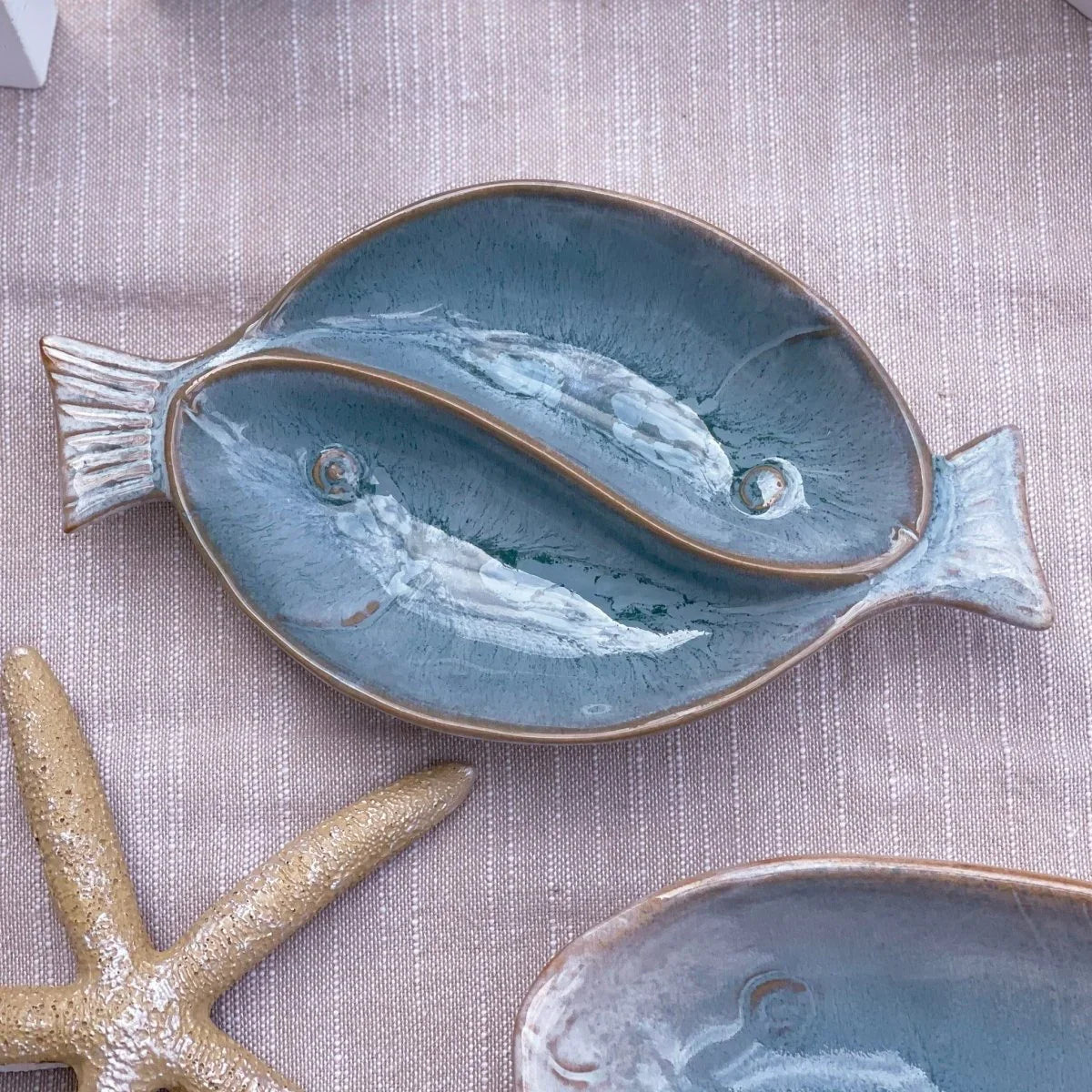 Coastal Blue Small Divided Fish Platter - Handcrafted Stoneware - Exquisite Homewares 