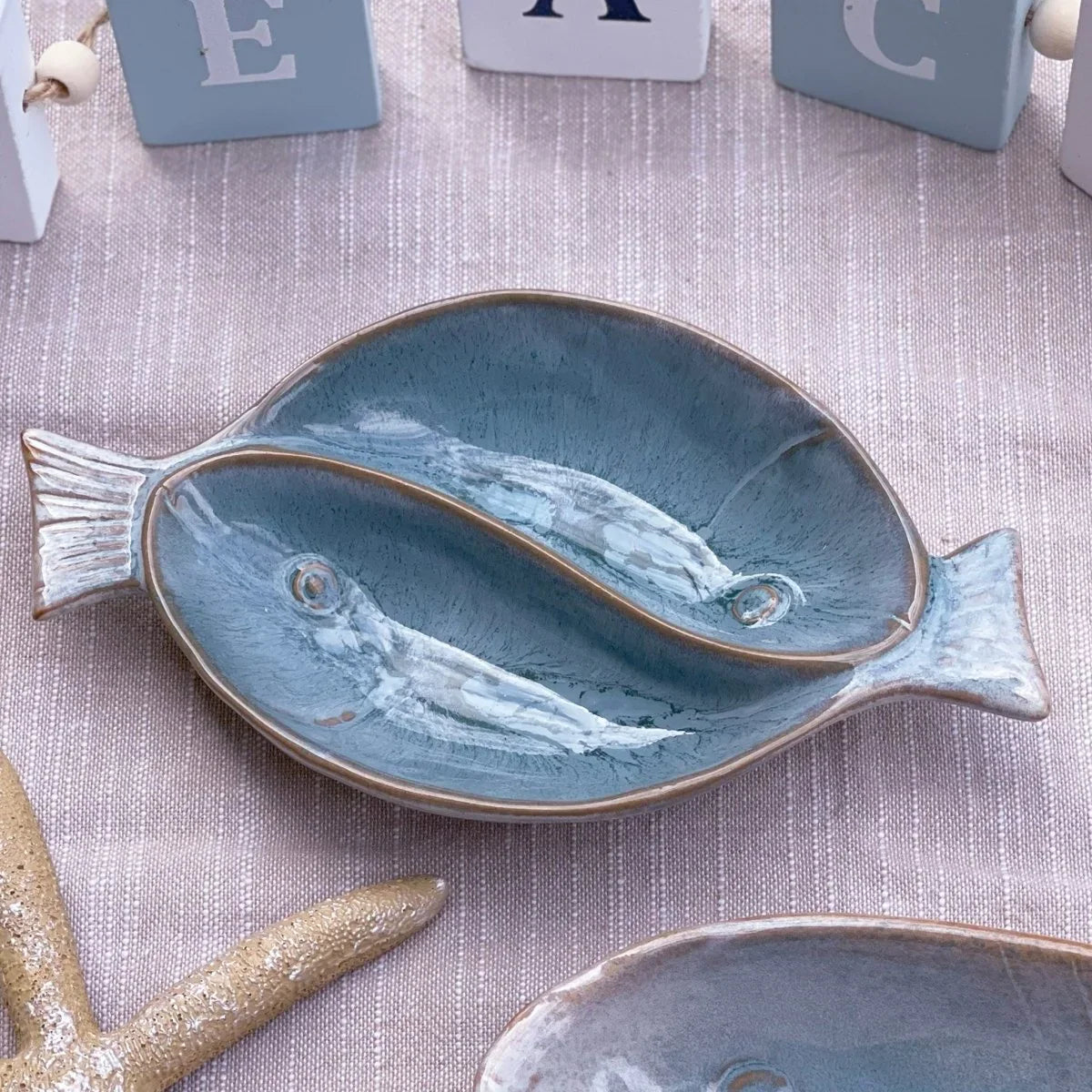 Coastal Blue Small Divided Fish Platter - Handcrafted Stoneware - Exquisite Homewares 