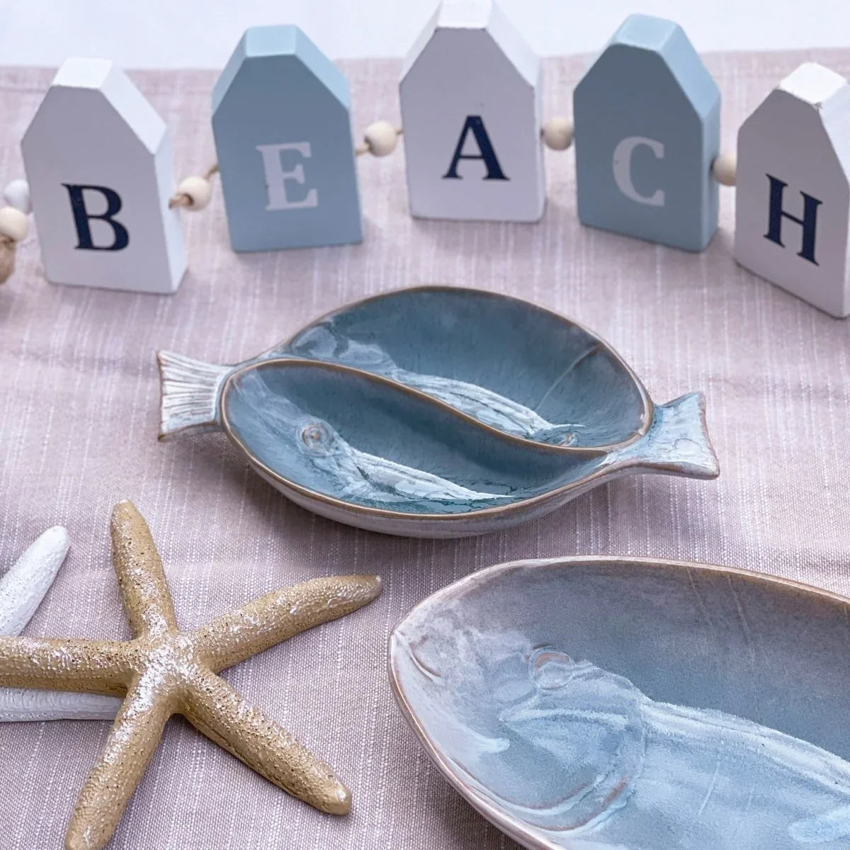 Coastal Blue Small Divided Fish Platter - Handcrafted Stoneware - Exquisite Homewares 
