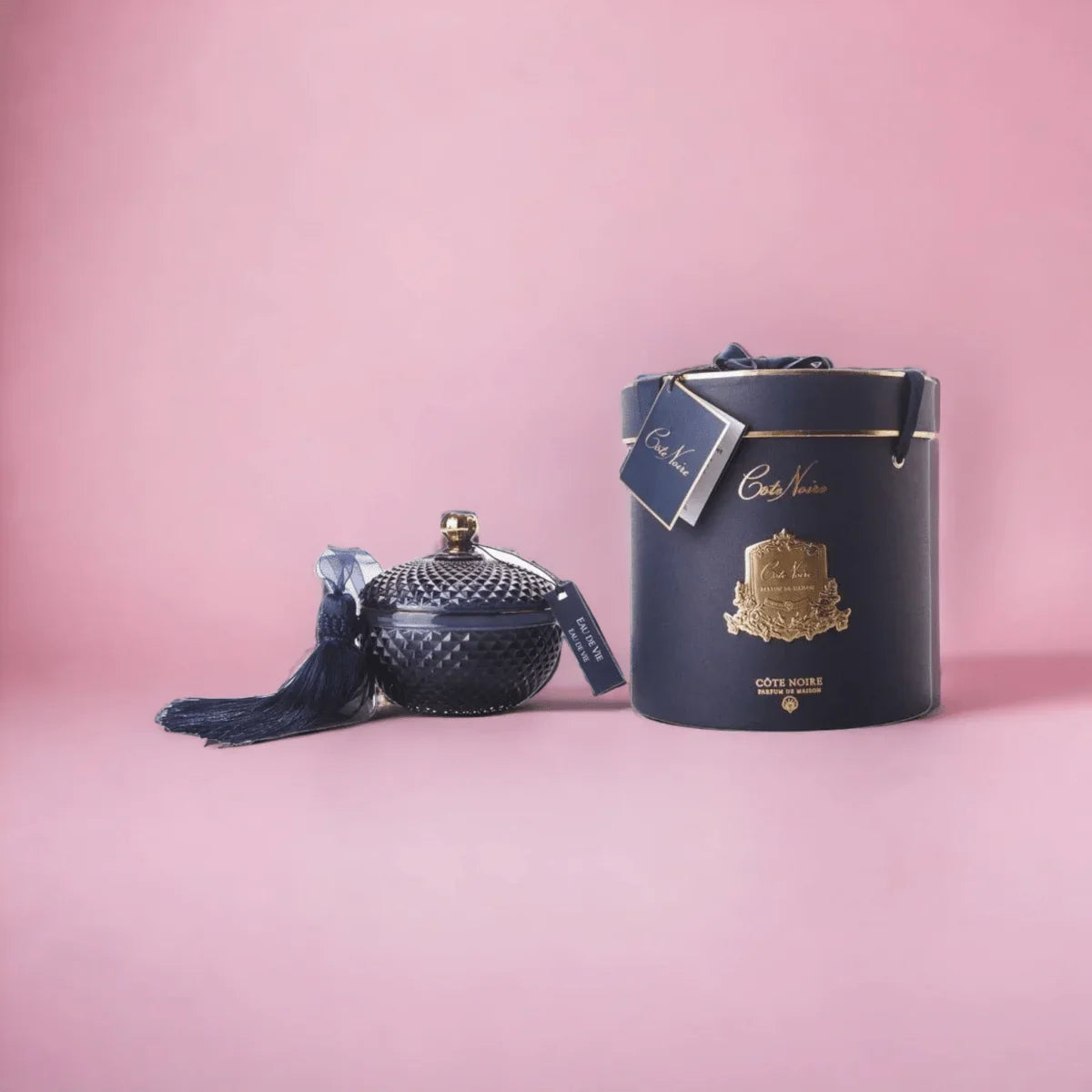 Cote Noire Navy Round Art Deco Candle - Eau De Vie - Exquisite Homewares 