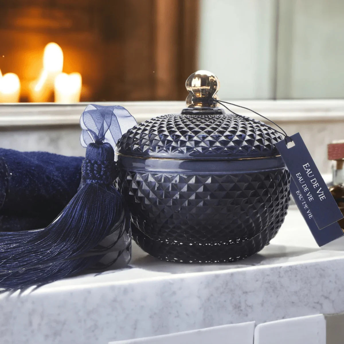Cote Noire Navy Round Art Deco Candle - Eau De Vie - Exquisite Homewares 