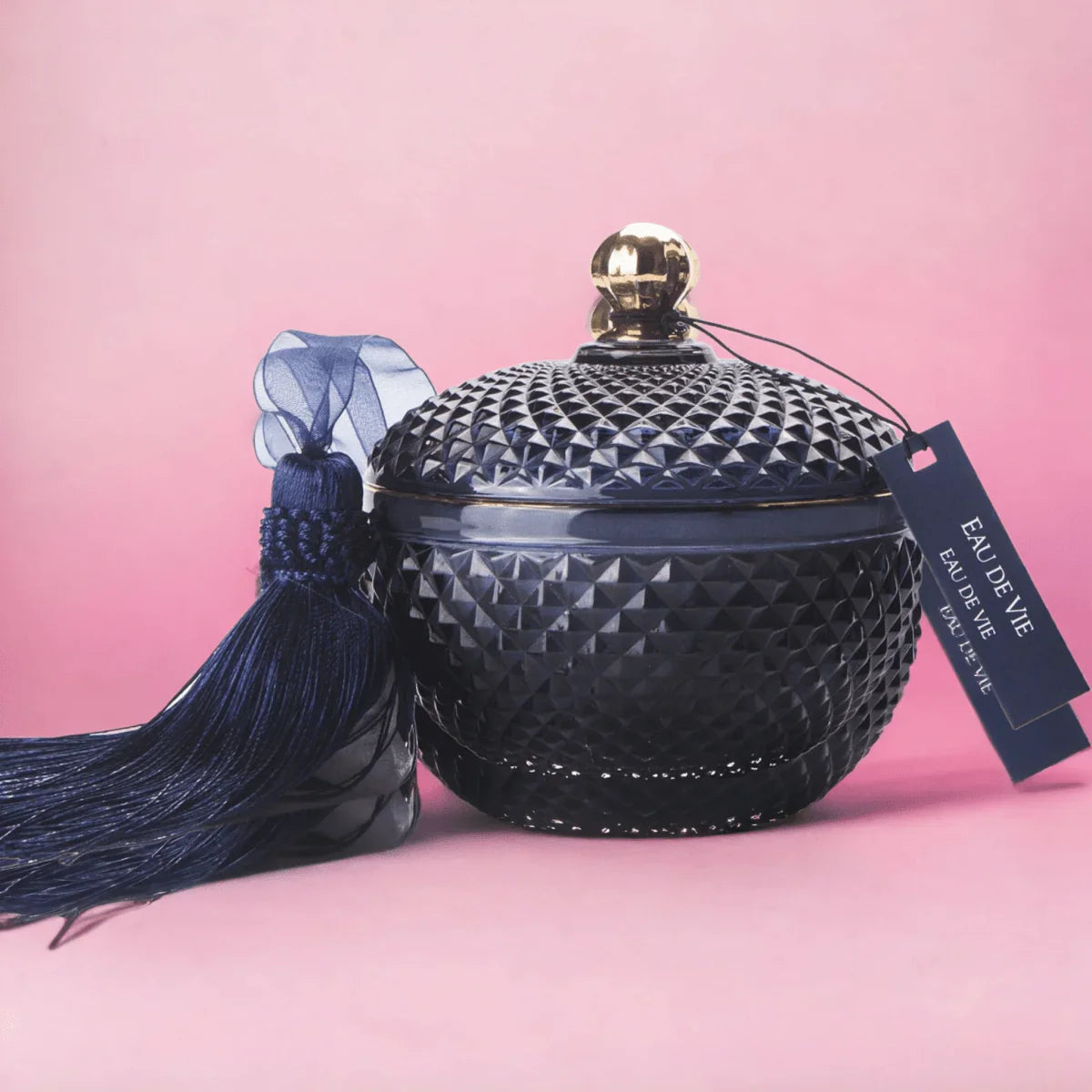Cote Noire Navy Round Art Deco Candle - Eau De Vie - Exquisite Homewares 