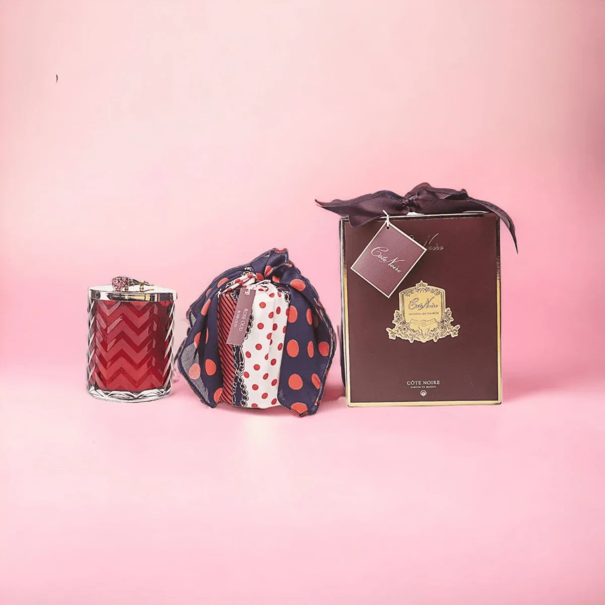 Cote Noire Red Herringbone Candle with Scarf - Exquisite Homewares 