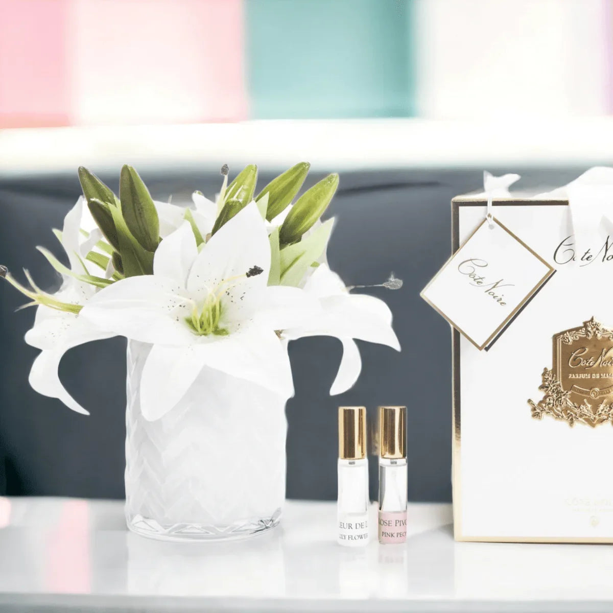 Cote Noire White Herringbone with White Lilies and Roses - Exquisite Homewares 