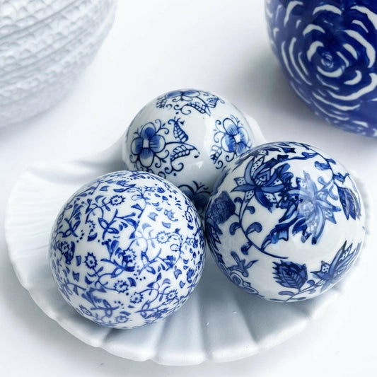 Floral Whisper Set of 3 Blue & White Deco balls - Exquisite Homewares
