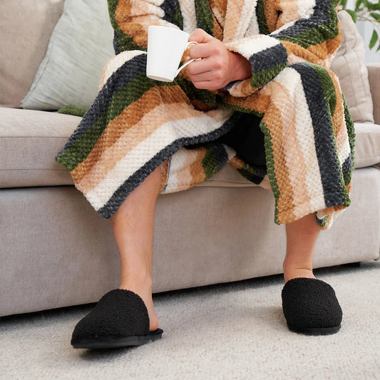 Mens Slippers - Cosy Sherpa - Black - Exquisite Homewares