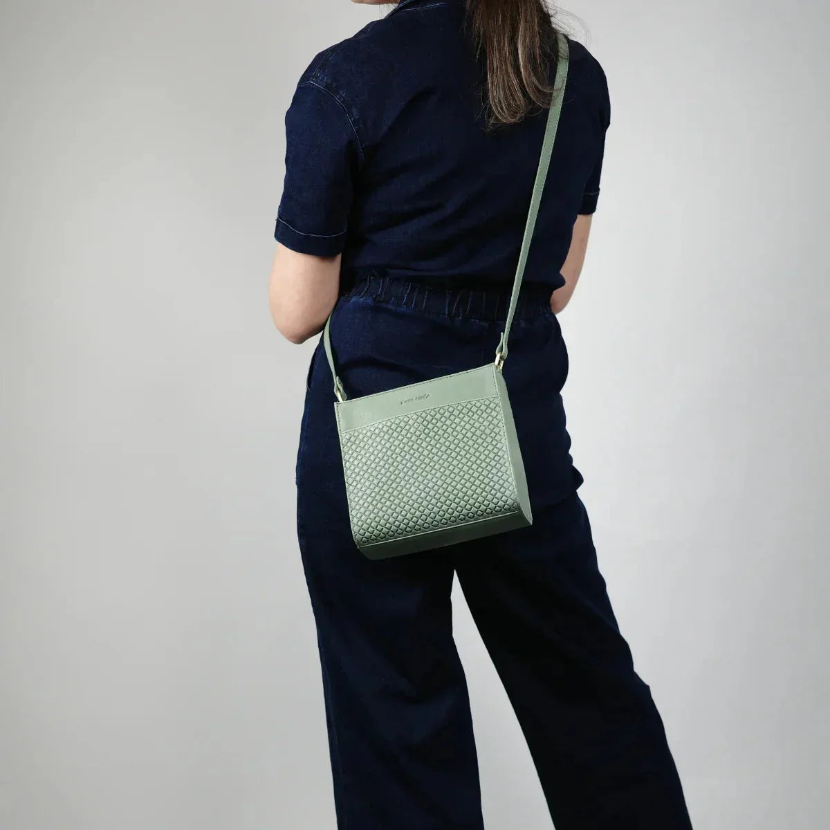 Pierre Cardin Leather Diamond Pattern Embossed Cross-Body Bag in Sage - Exquisite Homewares 