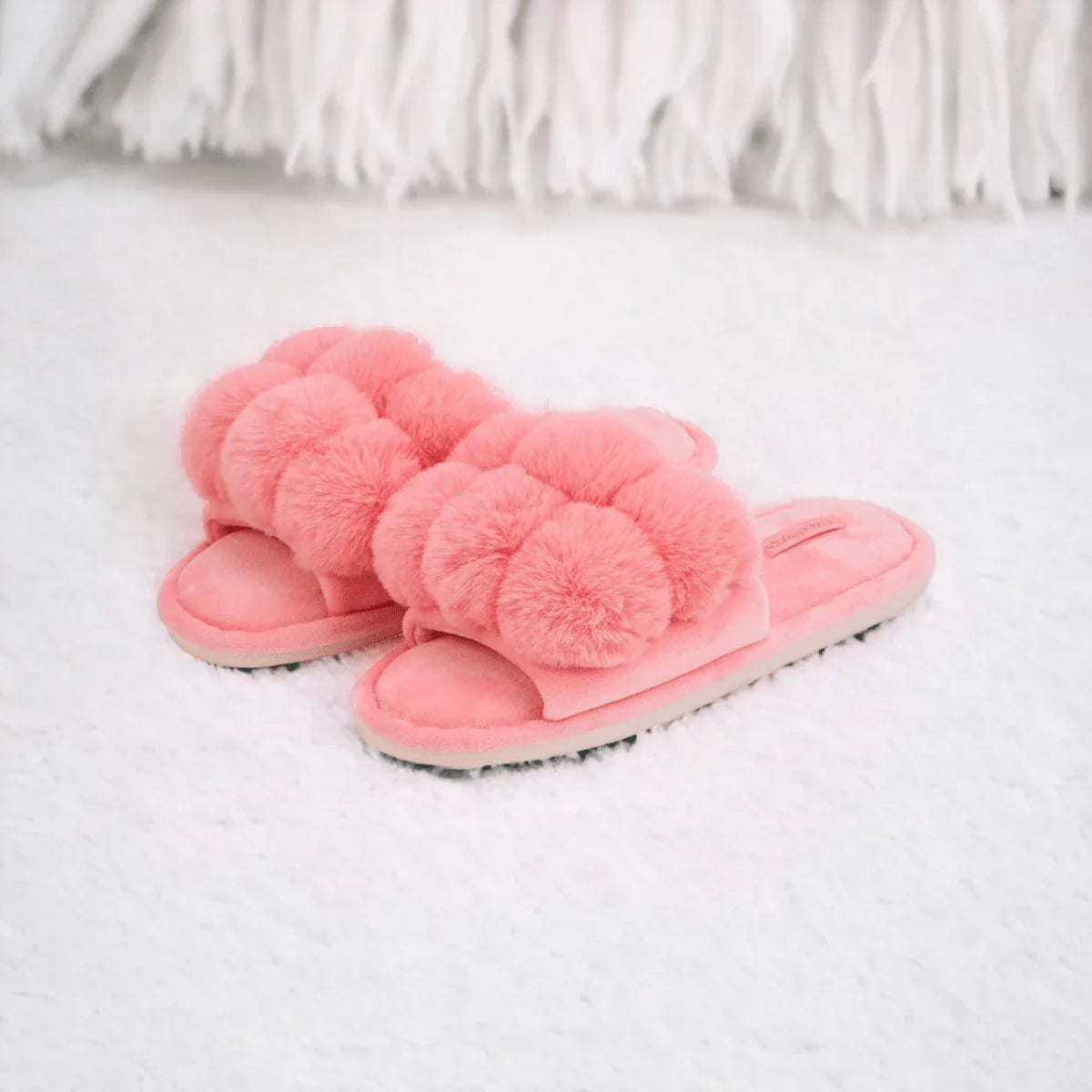 Pom Pom Slippers – Cosy Luxe – Coral Pink - Exquisite Homewares 