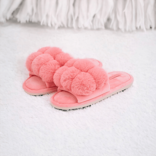 Pom Pom Slippers – Cosy Luxe – Coral Pink - Exquisite Homewares