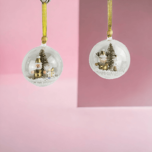 Santa & Reindeer in Bauble Hanging Decoration White & Gold (Set of 2) - Exquisite Homewares