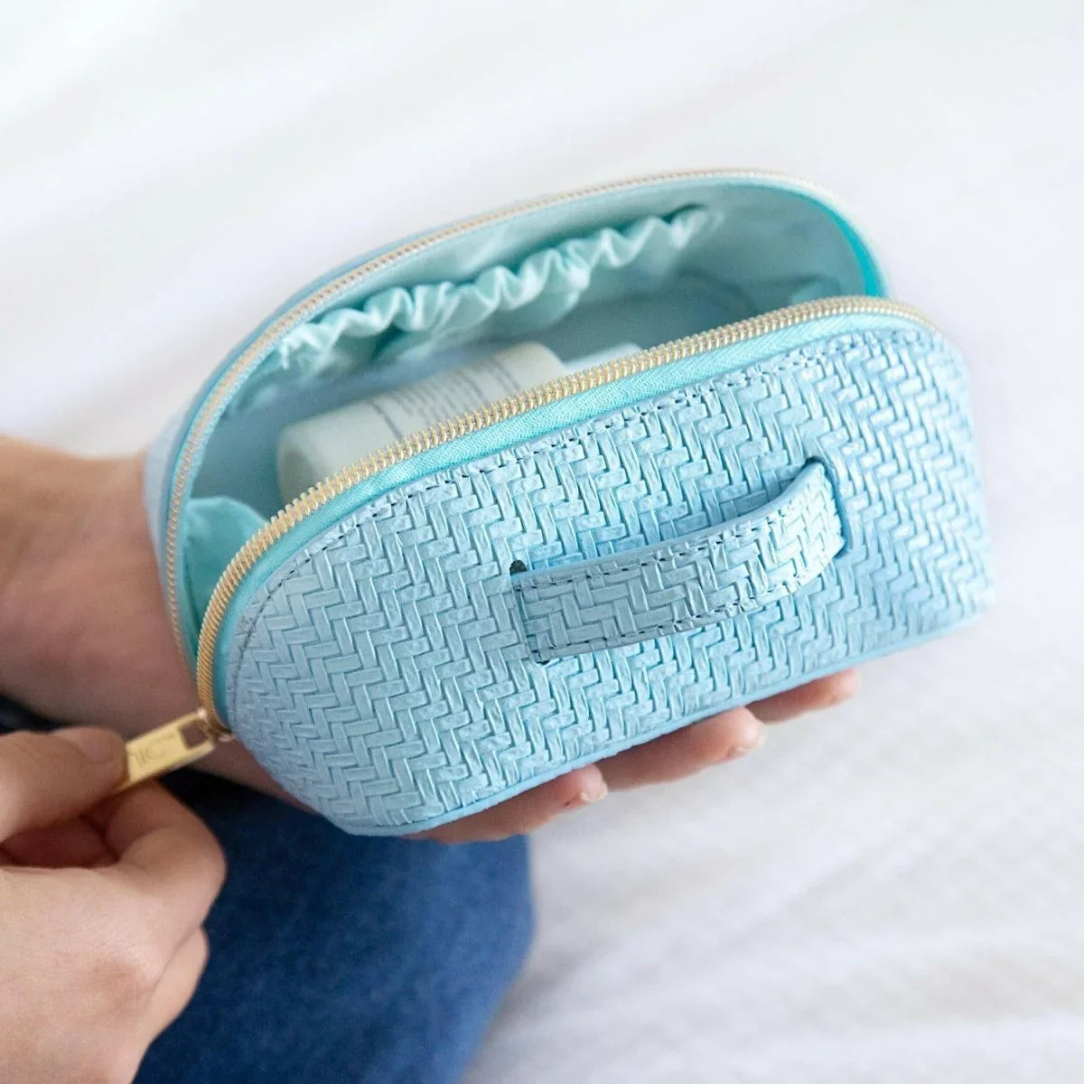 Small Beauty Bag - Herringbone Bluebell - Exquisite Homewares 