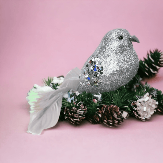 Tree Decoration - Silver Sparkle Clip Bird with Irridescent Tail - Exquisite Homewares