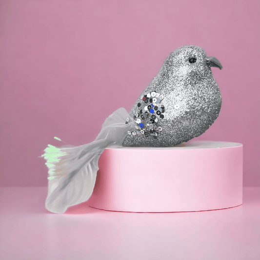 Tree Decoration - Silver Sparkle Clip Bird with Irridescent Tail - Exquisite Homewares