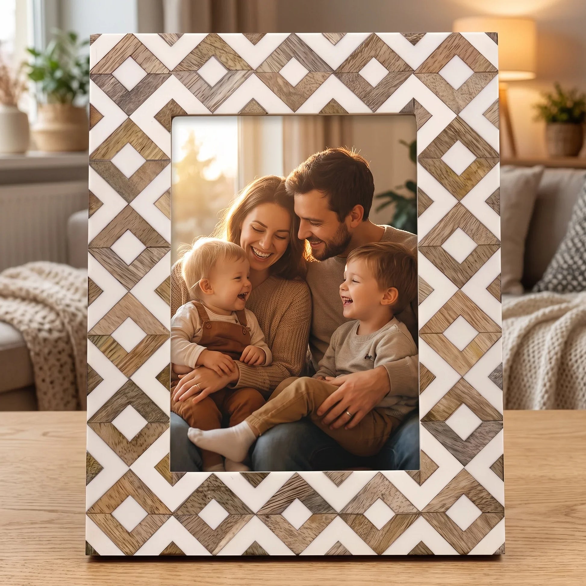 Wooden photo frame with geometric pattern, displaying a happy family photo, perfect for home décor