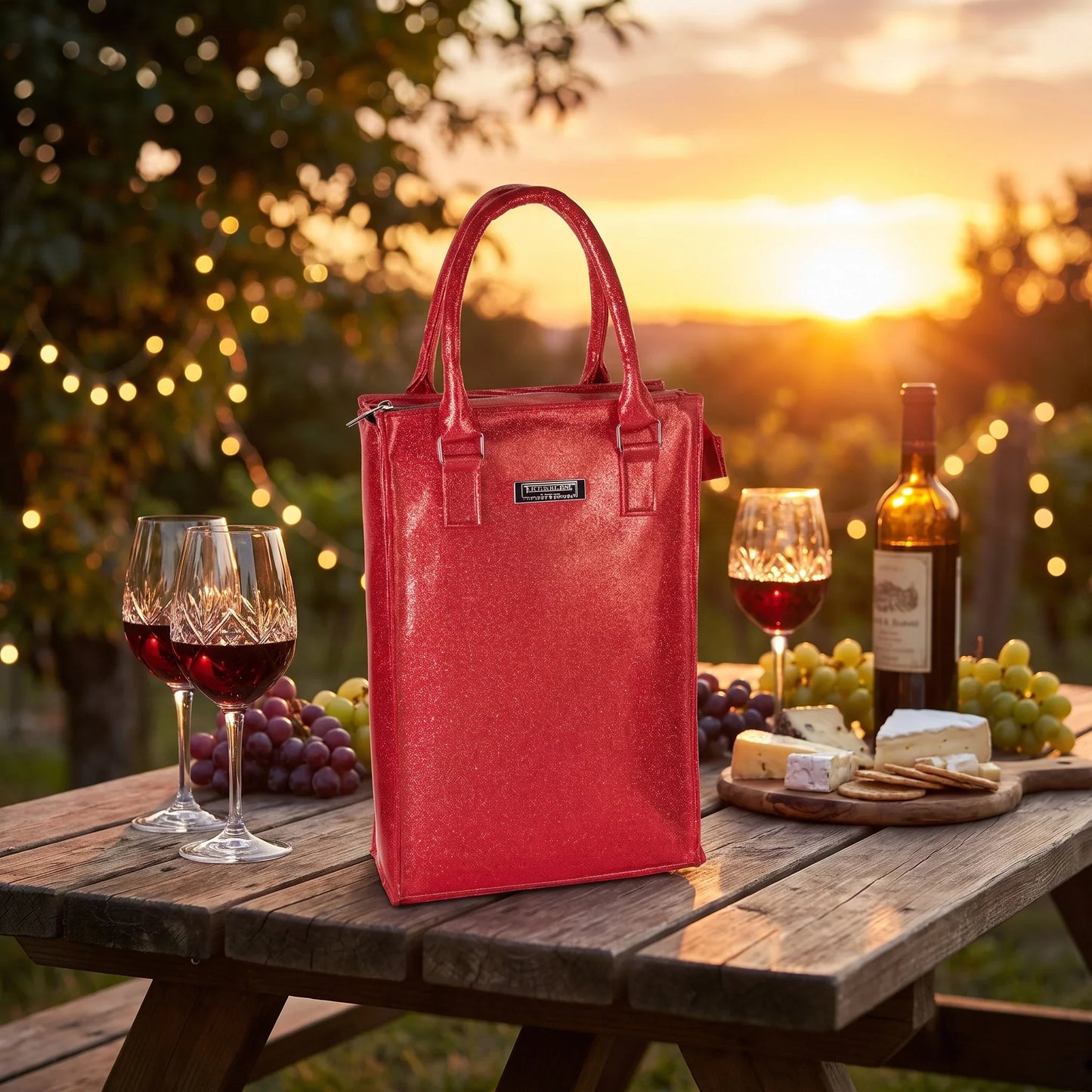 Sparkling red wine tote bag on picnic table with wine glasses, cheese, and grapes at sunset